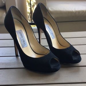 Jimmy Choo‎ Black Suede 'Quiet' Peeptoe Heels